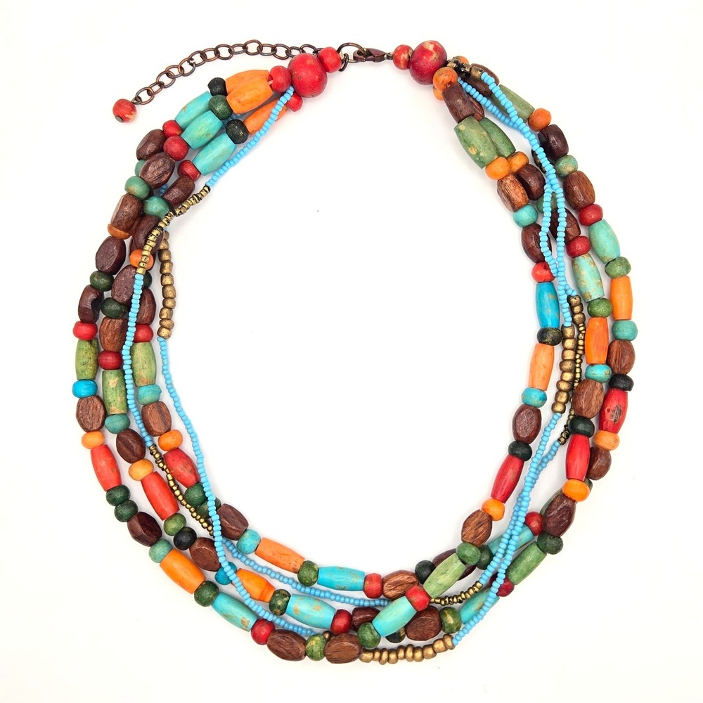 Multi-strand Handmade Wood and Recycled Glass Bead Necklace Seed Beads Boho - Picture 2 of 8